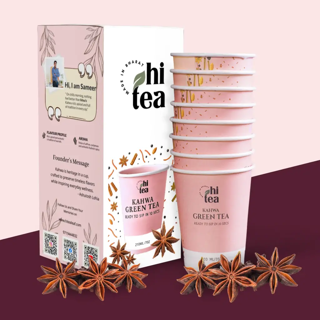 HiTea Artisanal Kahwa Green Tea – Traditional Kashmiri Blend with Saffron & Spices | Warm, Aromatic & Detoxifying | 8 Instant Cups